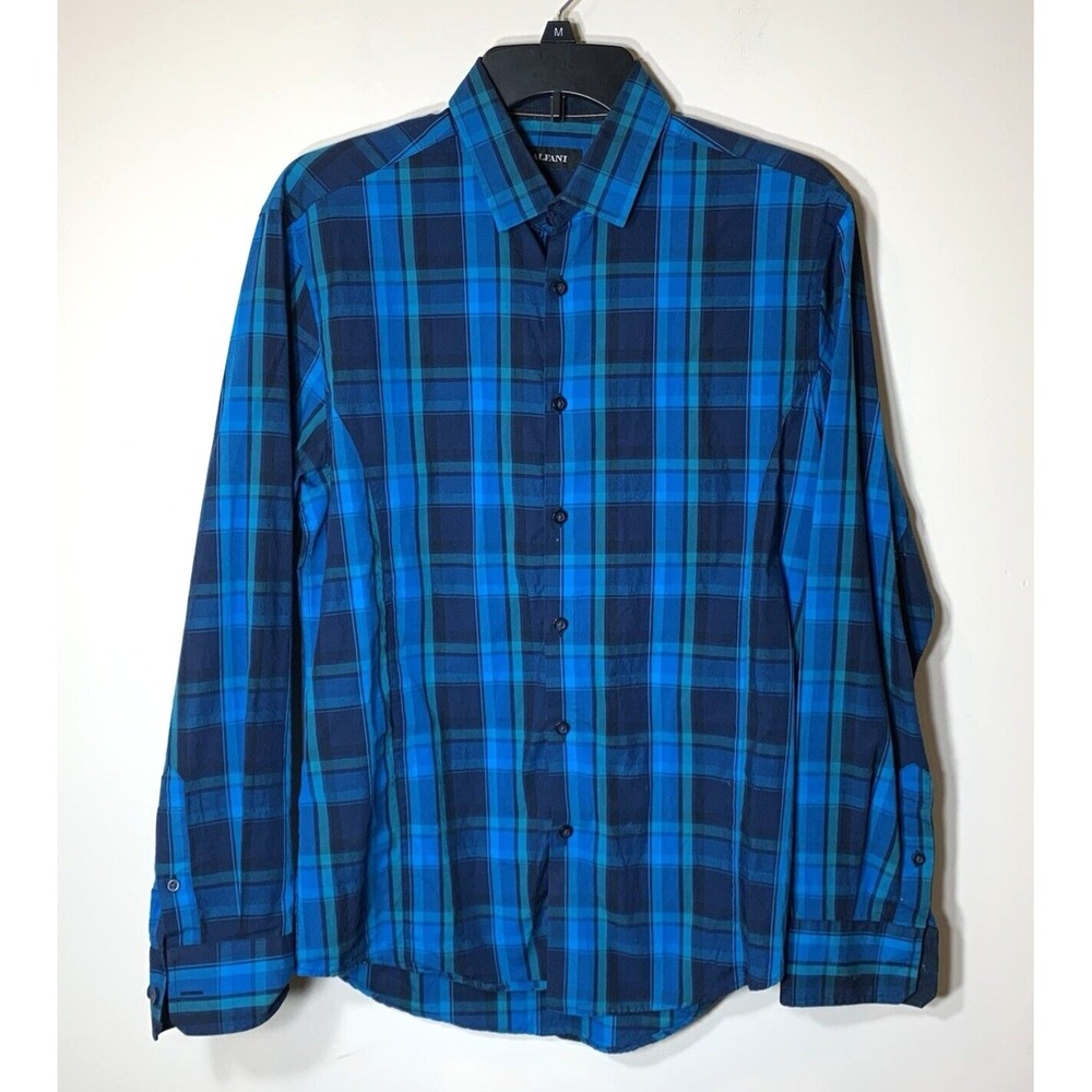 Alfani Dress Shirt Mens Small Blue Plaid‎ Long Sleeve 100% Cotton